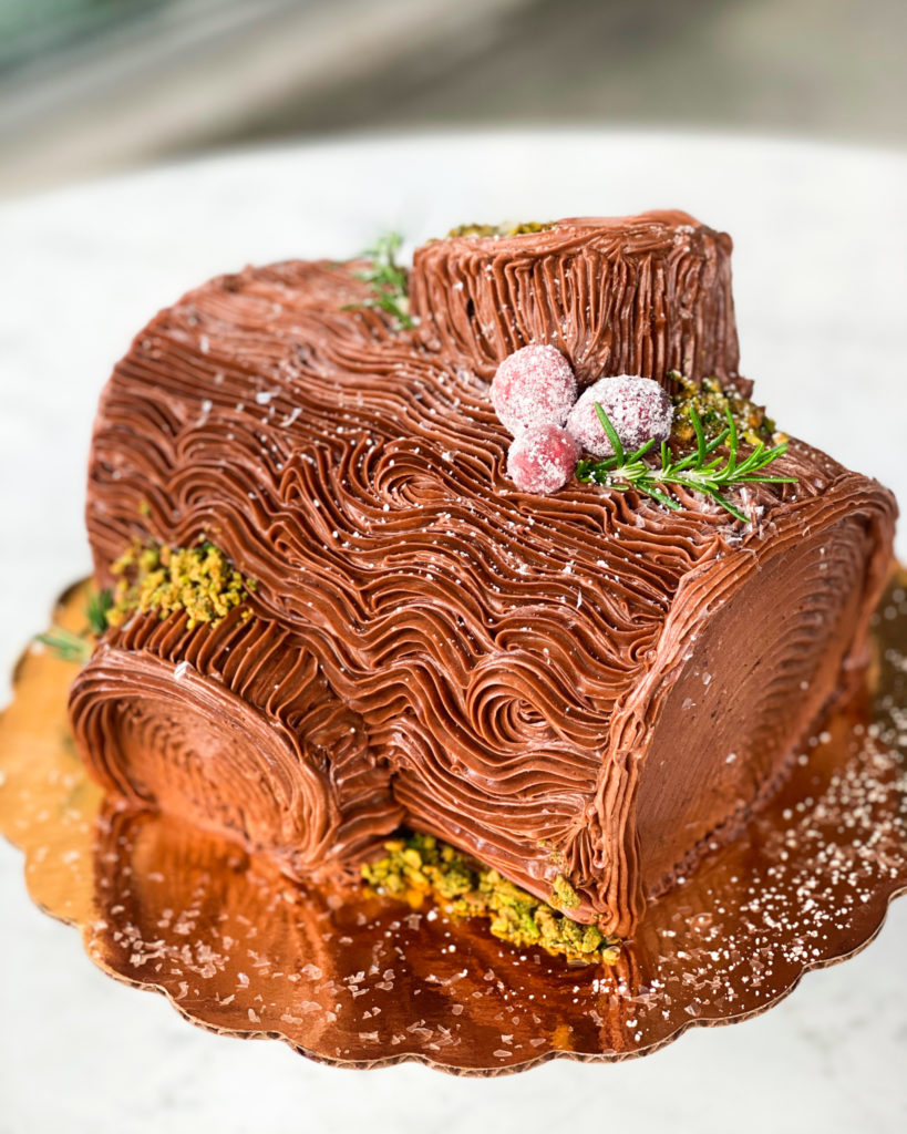 yule log cake from the Mad Hatter bakery in Durham nc