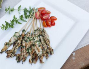 Grilled chicken skewers with herbs from Mad Hatter's party catering in Durham